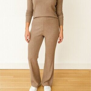 Zara Flared Ribbed Leggings High Rise M Elastic Waist Stretch Dusty Rose Casual